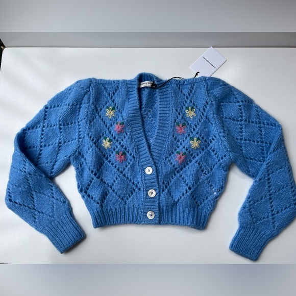 ALLESANDRA RICH Floral Wool Cropped Cardigan Light Blue Size 36 New - Picture 3 of 5